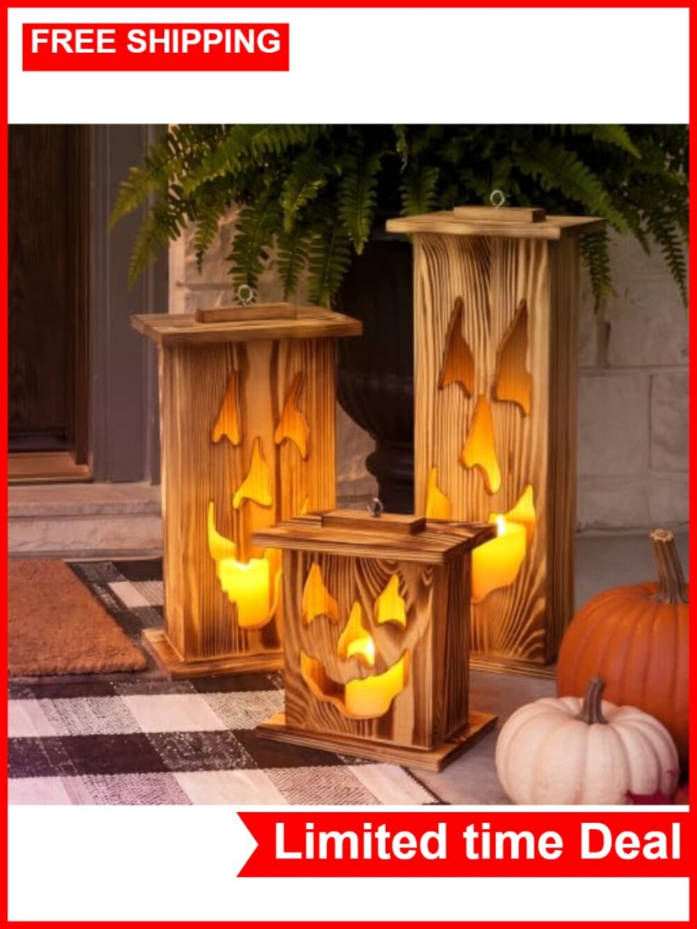 Halloween Wooden Lantern Set 3 Pcs Jack O Lantern Decor - Picture 1 of 6